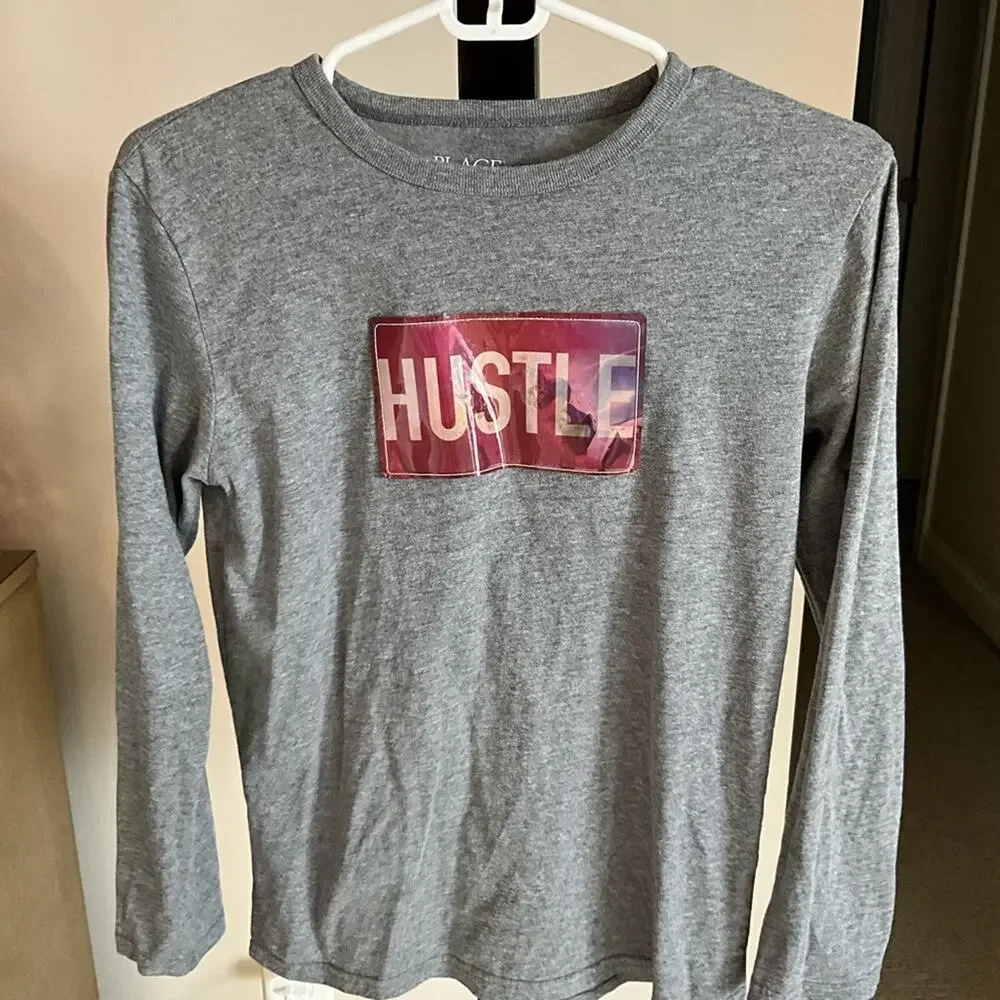 Children’s Place Gray “HUSTLE” long sleeve shirt size L 10/12
